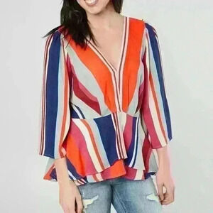 Willow and Root Ruffle Striped‎ Top 3/4 Length Sleeves Cinched Waist Boho Size M